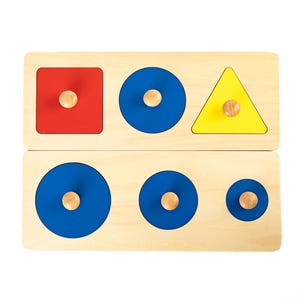 May include: Wooden puzzle with colourful shapes. The top row has a red square, a blue circle, and a yellow triangle. The bottom row has three blue circles of different sizes.