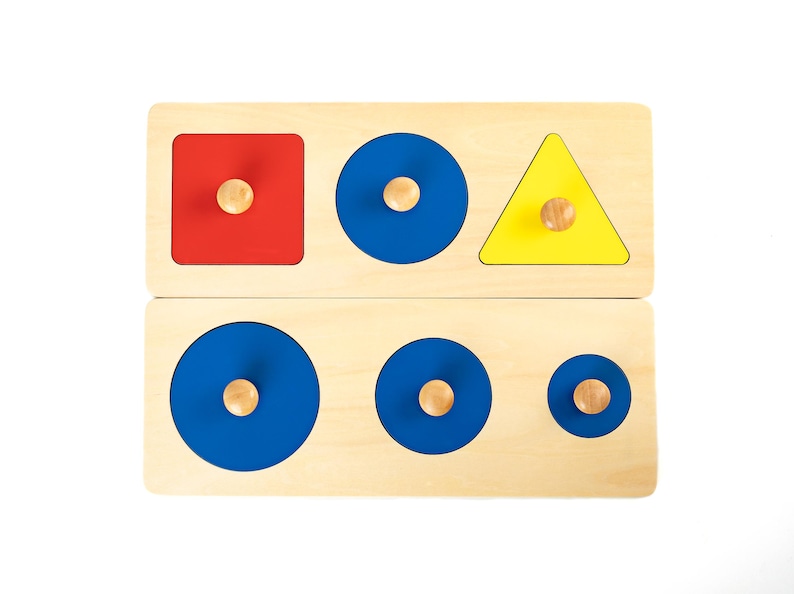 May include: Wooden puzzle with colourful shapes. The top row has a red square, a blue circle, and a yellow triangle. The bottom row has three blue circles of different sizes.