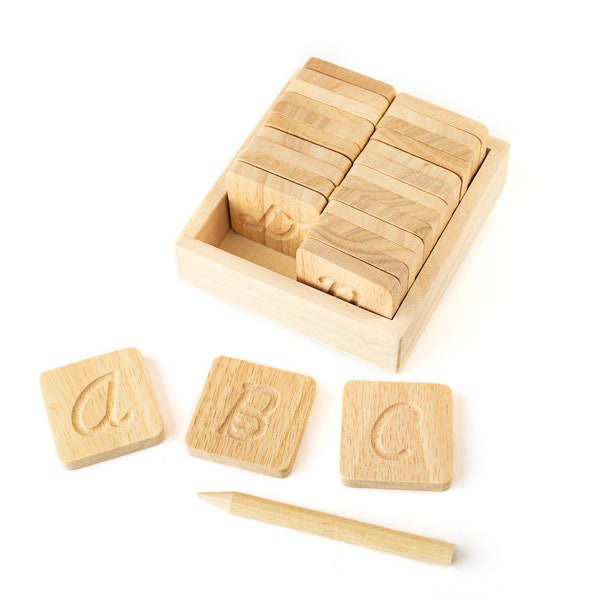 Wooden CURSIVE Alphabet ABC Tracing Cards Set with Stylus for toddlers, Two-sided Uppercase & Lowercase Montessori Waldorf Homeschooling