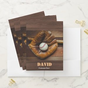 May include: A vintage baseball glove with a baseball inside, a wooden bat, and the name "DAVID" written in orange text on a brown wood background.
