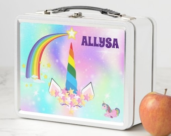 Fiambrera de metal con unicornio personalizada / Fiambrera para la vuelta al cole / Regalo de Pascua duradero y con estampado nítido