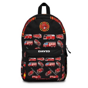 Personalized Firefighter Firetruck Kids  Backpack | Back to school  Summer camp Summer vacation Backpack | Crisp print Black Backpack