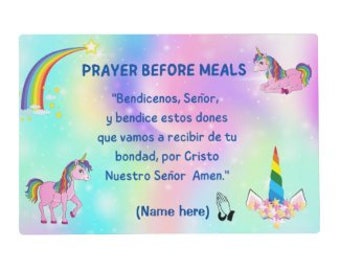 Oración antes de las comidas in unicorn place mat.Prayer before meals in Spanish