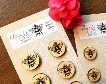 Bee Wood Buttons / Organic Wood Buttons / Honey Bee Buttons / Natural Wood Buttons / Sewing Buttons / Sewing Gift / Bumble Bee Button / 6 pk