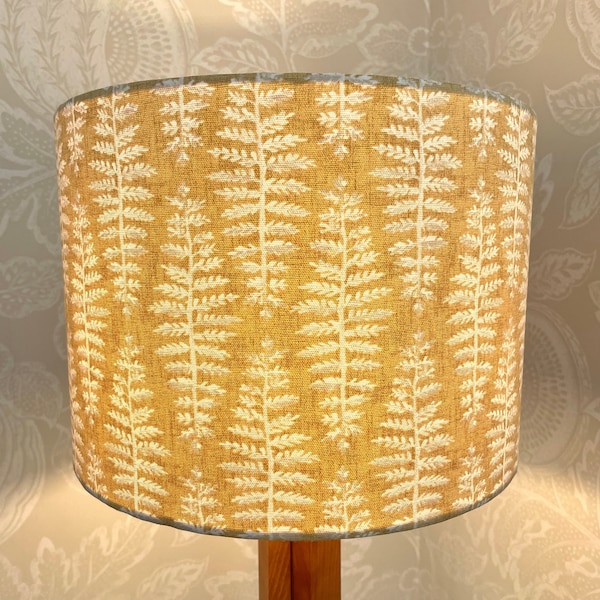 Ochre / mustard yellow fern pattern neutral drum lampshade in natural cotton. 25 30 40 cm ceiling / table / standard lamp.