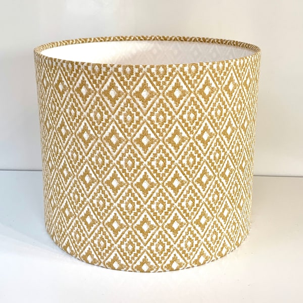 Ikat design lampshade in neutral ochre natural cotton handmade drum ceiling / table lamp.