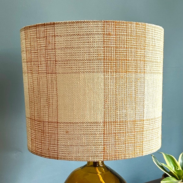 Natural hessian handmade drum lampshade, terracotta beige check pattern, table, standard or ceiling. 20 25 30 40 cm wide, any height