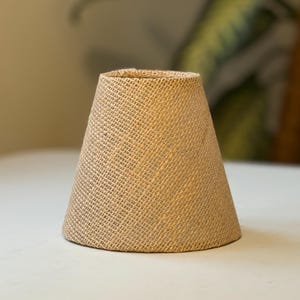 May include: A small, beige lampshade with a conical shape. The lampshade is made of a woven, burlap-like material, and it sits on a white surface. The background is blurred, with a glimpse of a green plant.