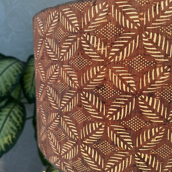 Natural cork neutral lampshade, geometric cut out pattern, warm brown beige tones, for table, standard or ceiling. 25 30 35 40 cm wide.