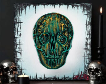 Green Skull Sculpture Painting: Dimensional Good Luck Wall Art