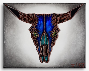 Taurus Bull Sculpture Painting: 3D Relief Wall Art, Copper & Blue