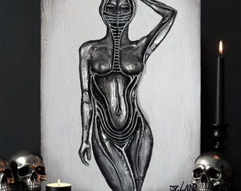 Biomechanical Venus Sculpture Painting, Silver Metallic Gothic Wall Art
