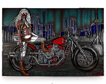 Cyborg Motorcycle Painting: 3D Post-Apocalyptic Wall Sculpture (24x36)