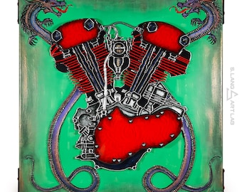 Dragon Knucklehead Motorcycle Art: 3D Sculptural Harley Painting