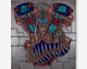 Harley Knucklehead Engine Sculpture Painting – Original One-of-a-Kind 3D Mixed Media Motorcycle Wall Art