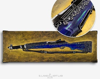 M1 Garand Painting Sculptural Wall Art: Original 12x36 Thick Canvas with Unique Metal Frame