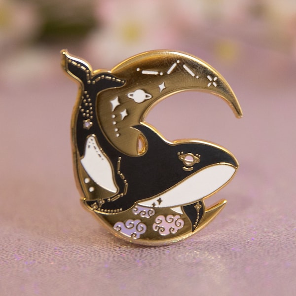 Celestial Orca Whale and Moon enamel pin- Orca whale pins- cute ocean pins- Celestial ocean animal pins- Moon enamel pin