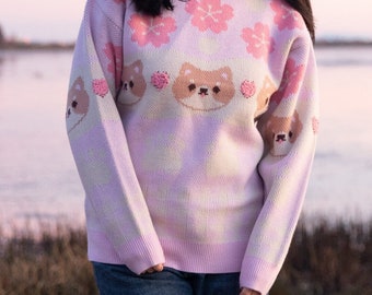 Pink Shiba Acrylic Knit sweater- Cute pink knit sweater-Cherry blossom cute pink sweater- Kawaii pink clothing- Cute knit sweater