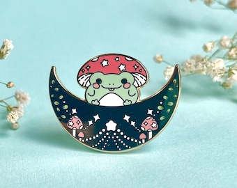 Celestial Frog and Moon enamel pin- frog pins- kawaii frog pins-Cottage core pins- Mushroom pin- Celestial ocean animal pins- Cute Frog Pin