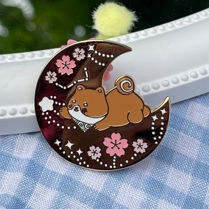 Shiba and Moon enamel pin- shiba dog pins- kawaii shiba dog pin- celestial moon aesthetic enamel gold lapel pin- Cute japanese sakura pin