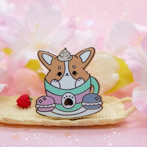 Cute Corgi enamel pin-Tea and Macaroon Enamel Pin- Kawaii Pastel Pin-  Food Dessert enamel pin- Cute Cafe enamel pin- Cute dog Pin