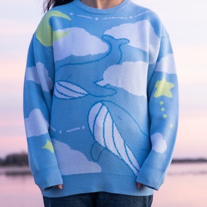 Blue Whale Acrylic Knit sweater- Cloud knit sweater- Cute knit sweaters- Cloud sweaters- Blue Whale Ocean sweater- Whale art sweater