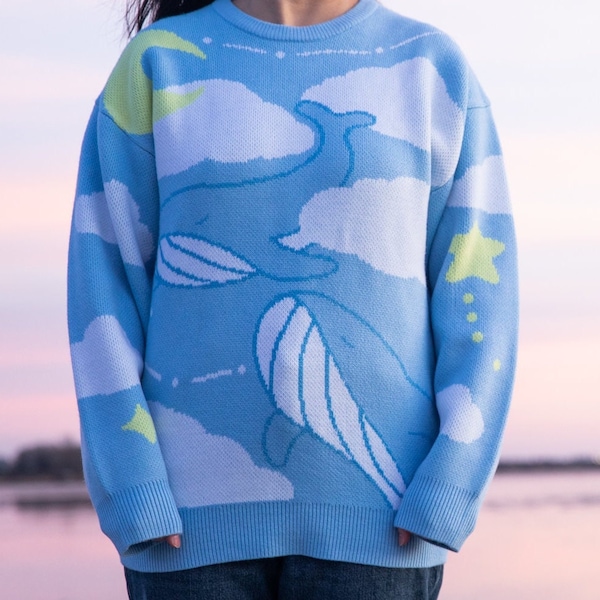 Pull en tricot acrylique baleine bleue - Pull nuage - Pulls en tricot mignons - Pulls nuage - Pull océan baleine bleue - Pull art baleine