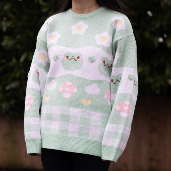 Bubz the Frog Knit sweater-Pastel green cottage core sweater- Cute sweaters- Gift for Frog Lover- Frog sweaters- Frog- Unisex sweater- Frog