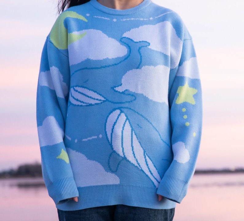 Blue Whale Acrylic Knit sweater Cloud knit sweater Cute knit sweaters Cloud sweaters Blue Whale Ocean sweater Whale art sweater image 1
