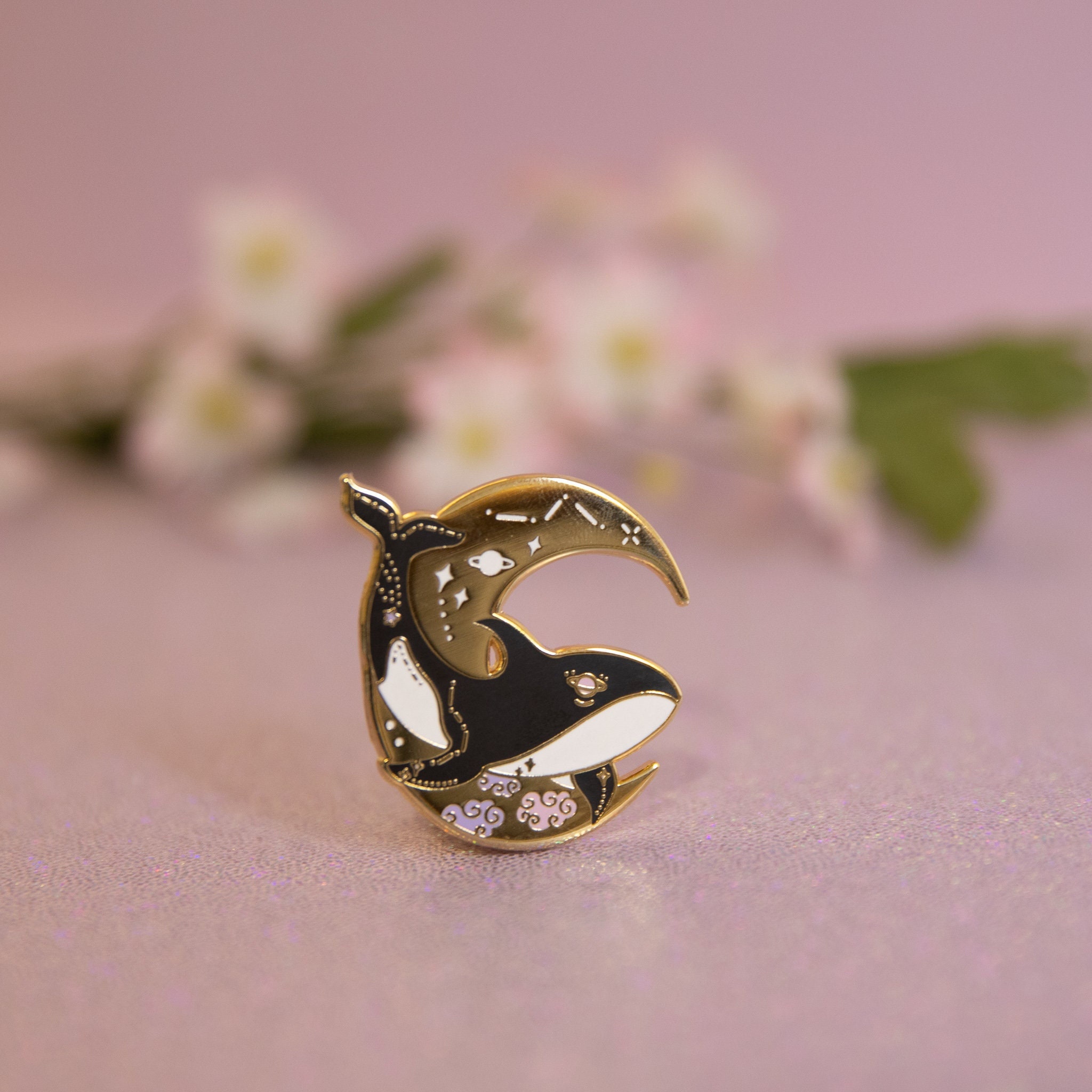 Celestial Orca Whale and Moon enamel pin- Orca whale pins- cute ocean pins- Celestial ocean animal pins- Moon enamel pin