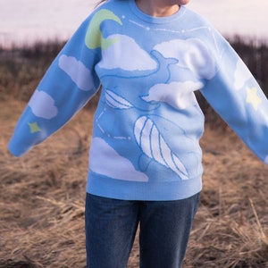 Blue Whale Acrylic Knit sweater Cloud knit sweater Cute knit sweaters Cloud sweaters Blue Whale Ocean sweater Whale art sweater image 4