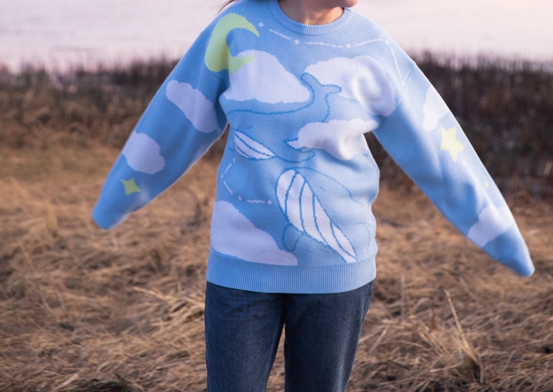 Blue Whale Acrylic Knit sweater Cloud knit sweater Cute knit sweaters Cloud sweaters Blue Whale Ocean sweater Whale art sweater image 4