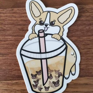 Cute Corgi bubble tea vinyl sticker - cute dog sticker - cute bubble tea vinyl sticker - corgi sticker - hand drawn sticker
