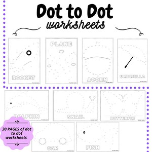 Puede incluir: Un conjunto de 30 hojas de puntos a unir en blanco y negro que representan diversas imágenes, entre ellas un cohete, un avión, una bellota, un paraguas, un delfín, un caracol, una mariposa, un coche y un pez. Las hojas están diseñadas para que los niños unan los puntos en orden numérico para revelar la imagen.