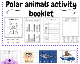 May include: A black and white printable activity booklet for kids featuring polar animals. The booklet includes activities such as labeling parts of a bear, measuring animal heights, tracing words, sorting animals, and completing number puzzles.