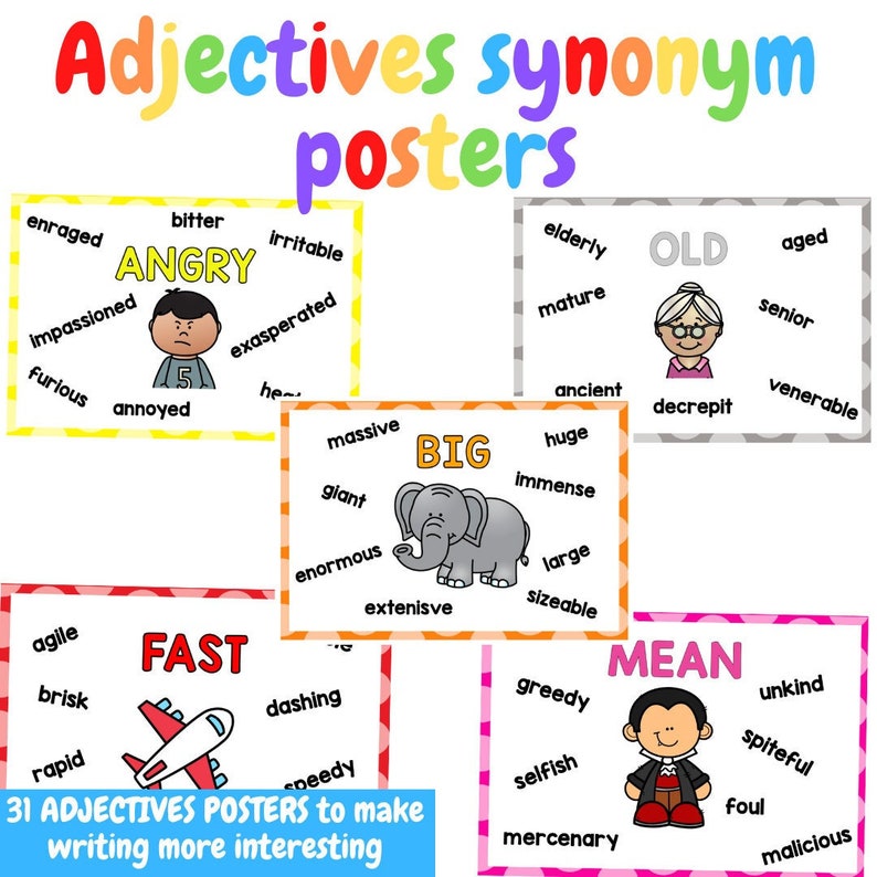 Adjectives Synonym Posters Etsy