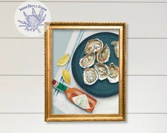 Oyster Painting, Oysters and Hot Sauce, Coastal Art Prints, Kitchen Wall Art, French Kitchen Art, Gallery Wall Art, Oyster Art, Beach Decor