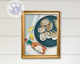 Watercolor Print, Oysters and Hot Sauce, Coastal Art Prints, Kitchen Wall Art, French Kitchen Art, Gallery Wall Art, Oyster Art, Beach Decor