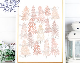 Peut inclure: Une impression d'art imprimable représentant une illustration aquarelle d'une forêt d'arbres roses et pêche. L'impression est encadrée dans un cadre doré et est posée sur une étagère blanche.