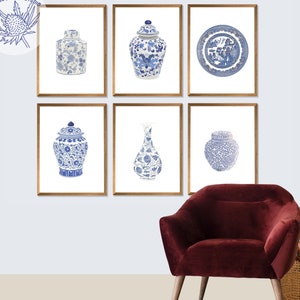 Ginger Jar Prints Set of 6, Chinoiserie Blue and White Vases, Blue China Plates Wall Art, Traditional Asian Vase Prints, Chic Decor