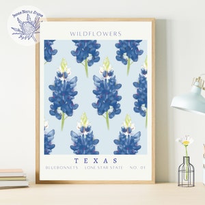 Bluebonnet Texas Poster, Flower Market, Botanical Wall Art, Floral Drawing Print, Wildflowers Prints, State Flower, Printed and Shipped