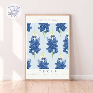 Flower Market Print, Botanical Wall Art, Floral Drawing Posters, Texas Bluebonnet, Wildflowers Prints, Descarga digital, State Flower