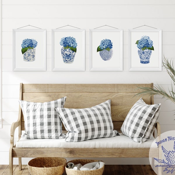 Set of 4 Hydrangea Prints, Blue Flowers, Coastal Decor, Preppy Floral Wall Art, Asian Vases, Chinoiserie Chic, Antique Vases Prints