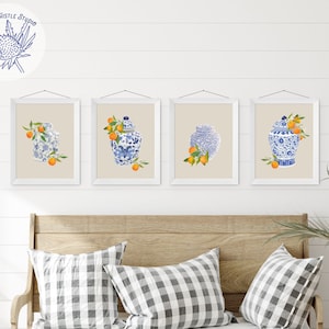 Ginger Jar Prints with Oranges Set of 4, Blue and White Vases, Citrus Preppy Wall Art, Traditional Asian Vase Prints, Chic Wall Art