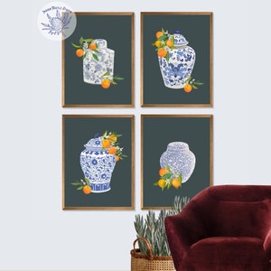 Oranges Citrus Prints, Ginger Jar Prints Set of 4, Blue and White Vases, Preppy Wall Art, Traditional Asian Vase Prints, Chic Wall Art