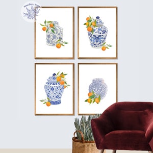 Ginger Jar Art Oranges Wall Art Set of 4, Blue Chinoiserie Vases, Preppy Wall Art, Traditional Asian Vase Prints, Ginger Jar Prints
