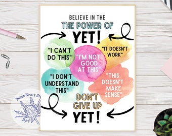 Power of Yet, Growth Mindset Classroom Poster, Inspirational Motivational Office, Watercolor Art, School Teacher Decor Art, INSTANT DOWNLOAD