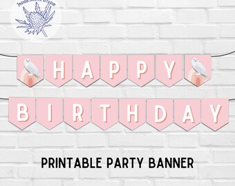Wizard Owl Birthday Party Decor, Printable Snowy Owl Banner, Print from home pink party, girl
