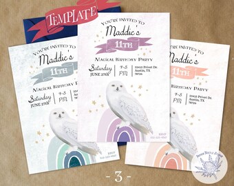 Invitación de cumpleaños de mago / Fiesta de cumpleaños de búho / Invitaciones de búho nival / Fiesta de bruja y mago / Púrpura, rosa y azul / DIGITAL / Mágico