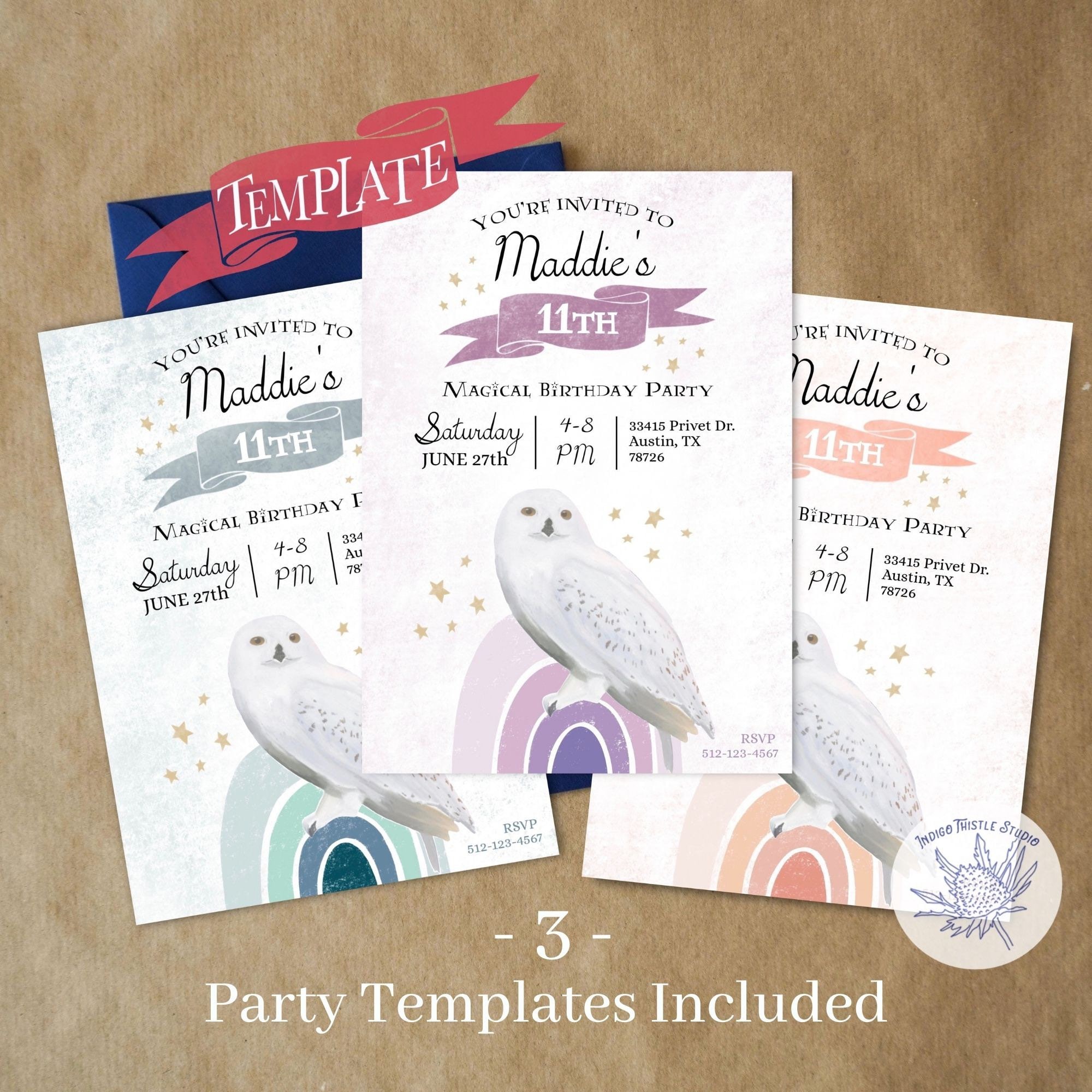 Wizard Birthday Invitation | Owl Birthday Party | Snowy Owl Invitations | Witch Wizard Party | Purpl